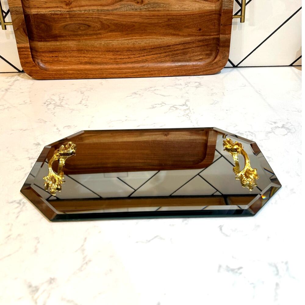 Hollywood Regency mirrored vanity tray beveled glass edges gold-gilt handles 80s